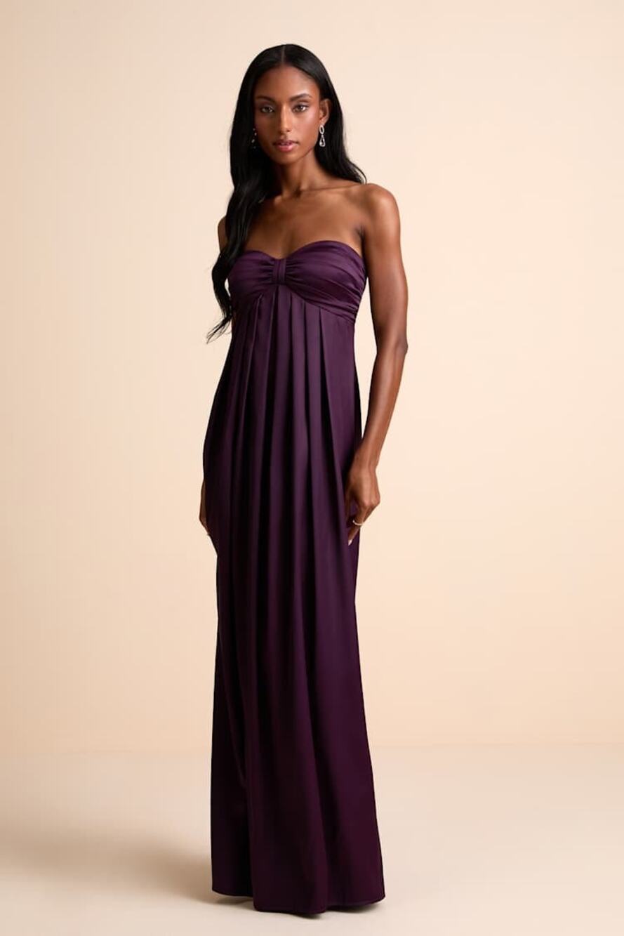 NWT Lulus Memorable Entrance Dark Purple Strapless Satin Maxi Dress Banquet Sz L